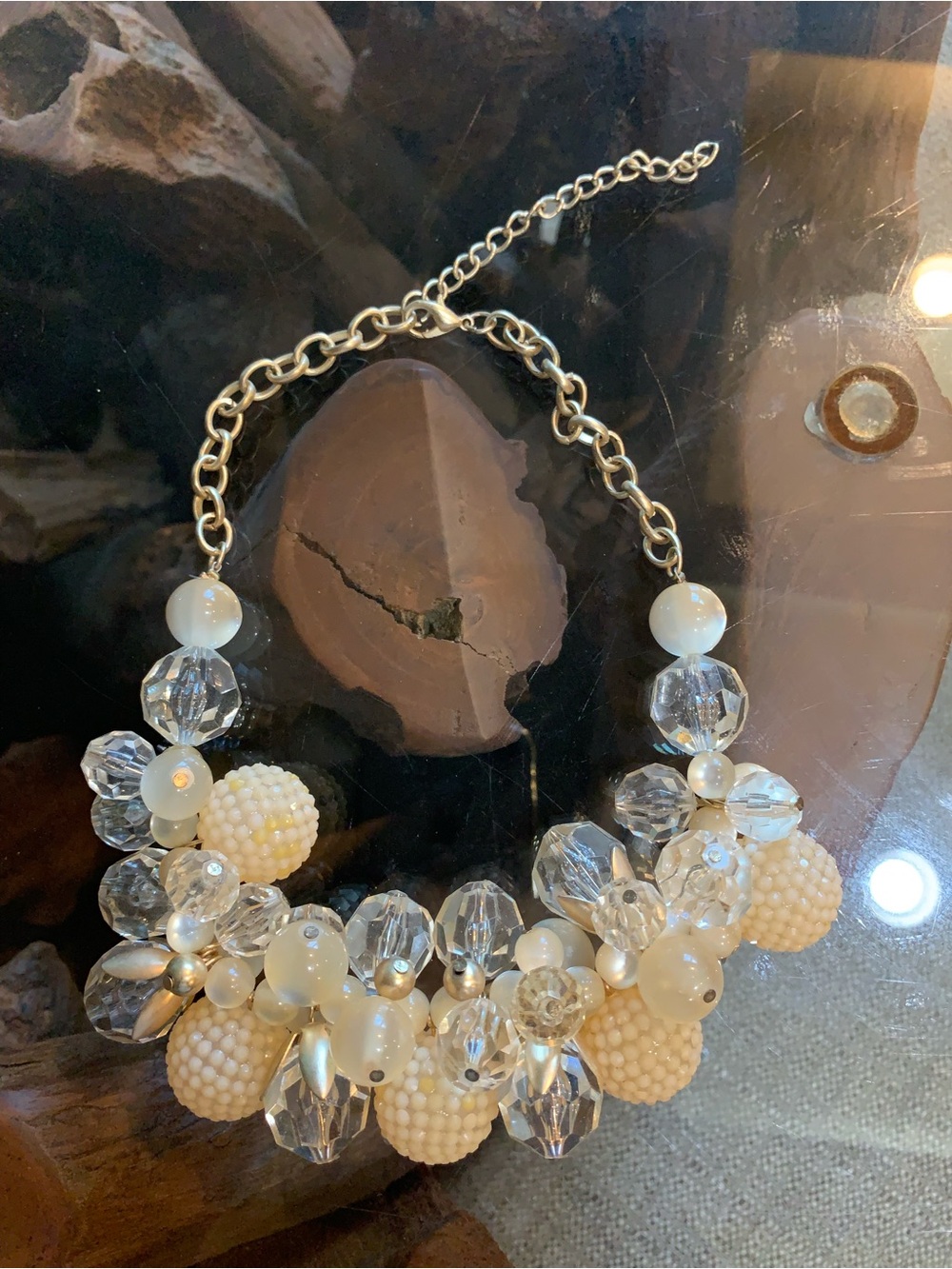 Ivory Beaded Cluster Statement Necklace with Gold-Tone Chain